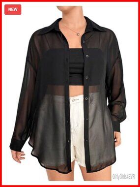 Plus Size Mesh Sheer Long Sleeve Button Down Shirt Blouse Top Loose Fit